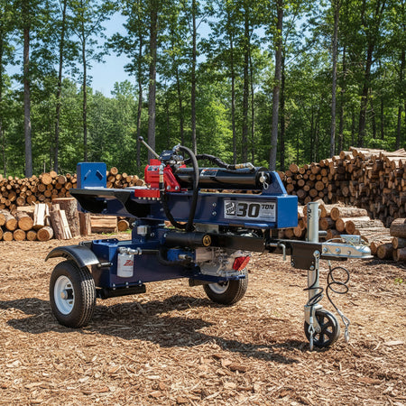 Log splitter on wheels with visible branding and specifications on a white background