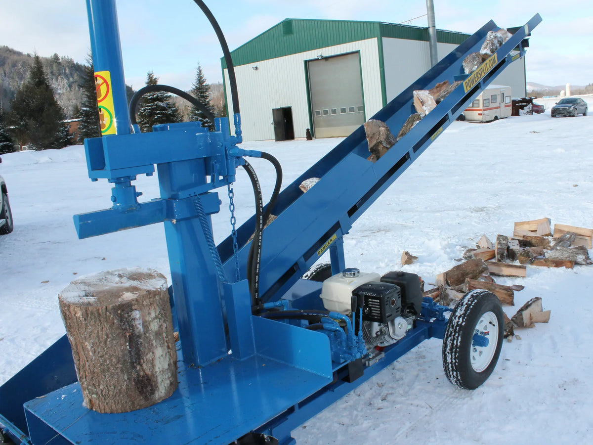 Powersplit International Single Vertical Log Splitter with Conveyor | 34-Ton Heavy Duty Model, 20HP Honda - Log Bear Works