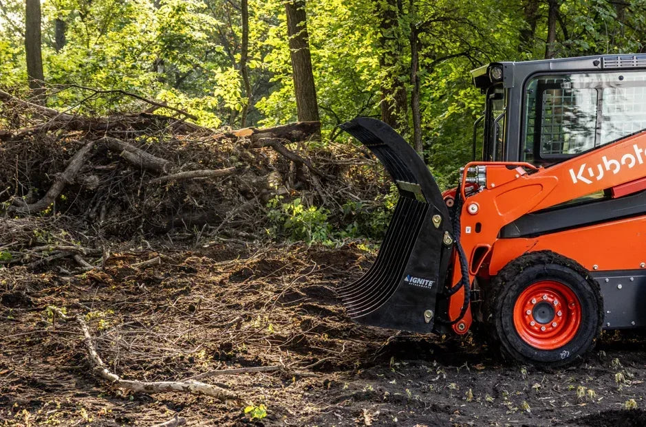 Ignite Attachments 78-Inch Rake Grapple | Heavy-Duty 2-in-1 Skid Steer Attachment for Debris Clearing & Loading - Log Bear Works