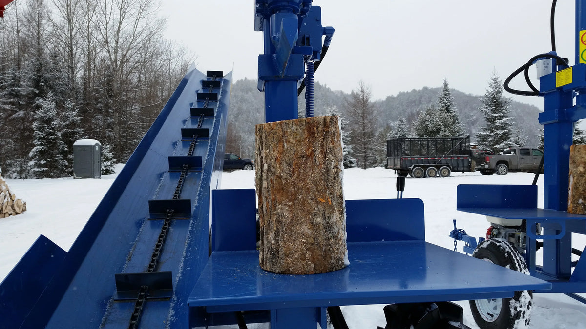 Powersplit International Single Vertical Log Splitter with Conveyor | 34-Ton Heavy Duty Model, 20HP Honda - Log Bear Works