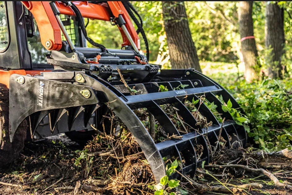 Ignite Attachments 78-Inch Rake Grapple | Heavy-Duty 2-in-1 Skid Steer Attachment for Debris Clearing & Loading - Log Bear Works