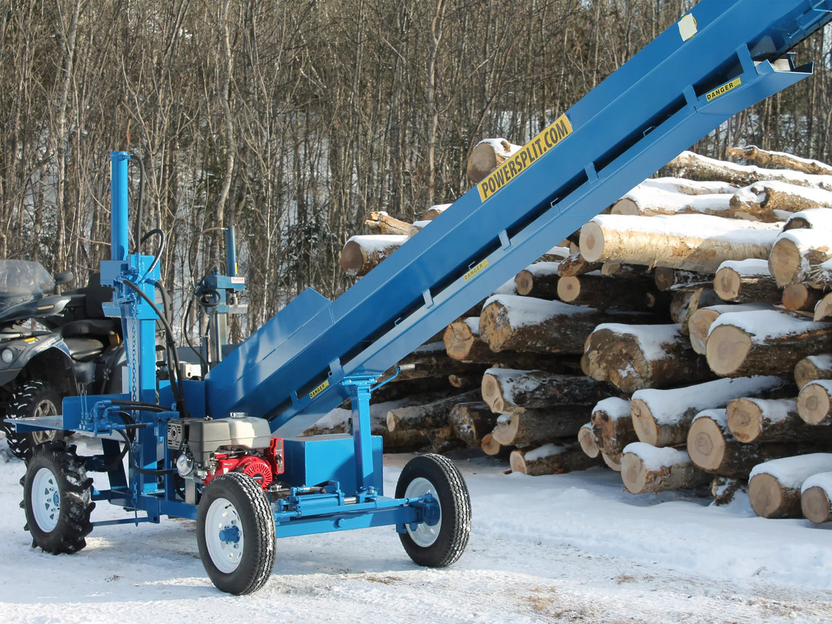 Powersplit International Single Vertical Log Splitter with Conveyor | 34-Ton Heavy Duty Model, 20HP Honda - Log Bear Works