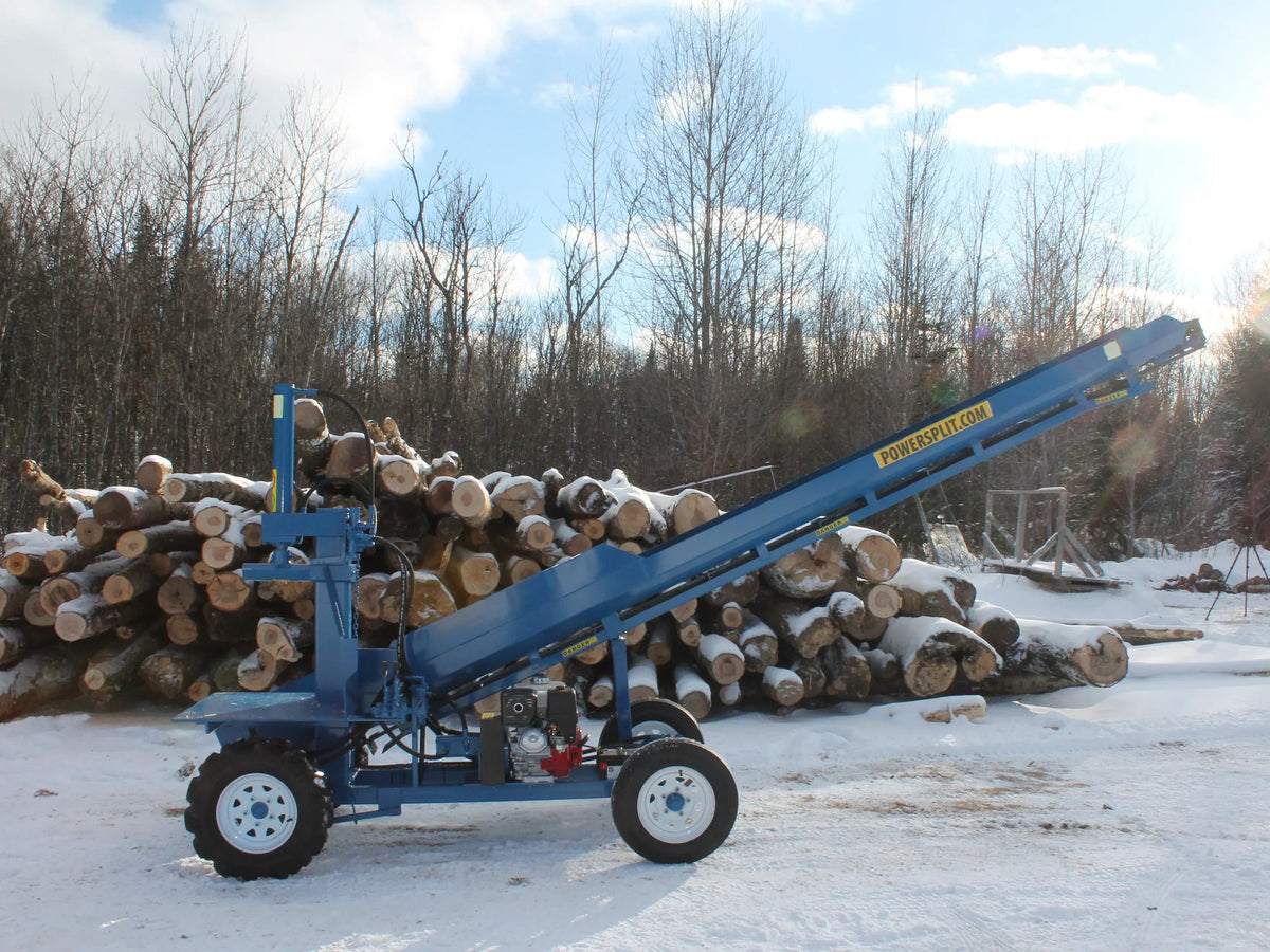 Powersplit International Single Vertical Log Splitter with Conveyor | 34-Ton Heavy Duty Model, 20HP Honda - Log Bear Works