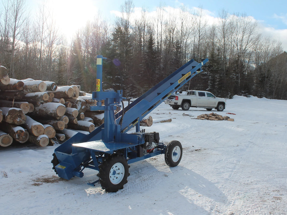 Powersplit International Single Vertical Log Splitter with Conveyor | 34-Ton Heavy Duty Model, 20HP Honda - Log Bear Works