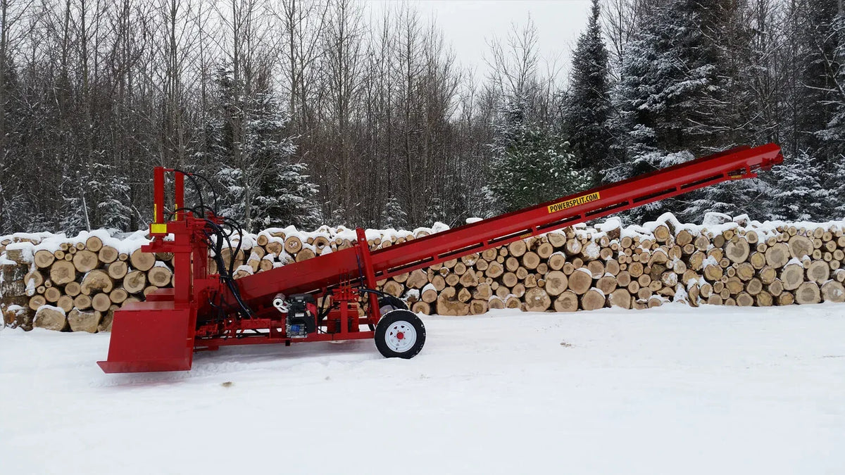 Powersplit International Double Vertical Log Splitter with Conveyor | 34-Ton Heavy Duty Model, 24HP Honda - Log Bear Works