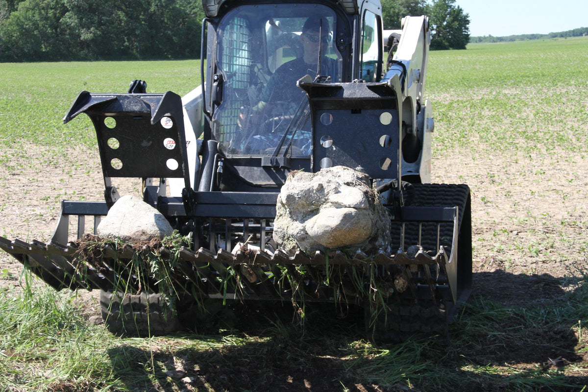 Quick Attach Skeleton Rock Bucket Grapple 925044 / 925045 / 925046 | Skid Steer Rock Bucket, 60 to 84-Inch, Grade 50 Steel - Log Bear Works