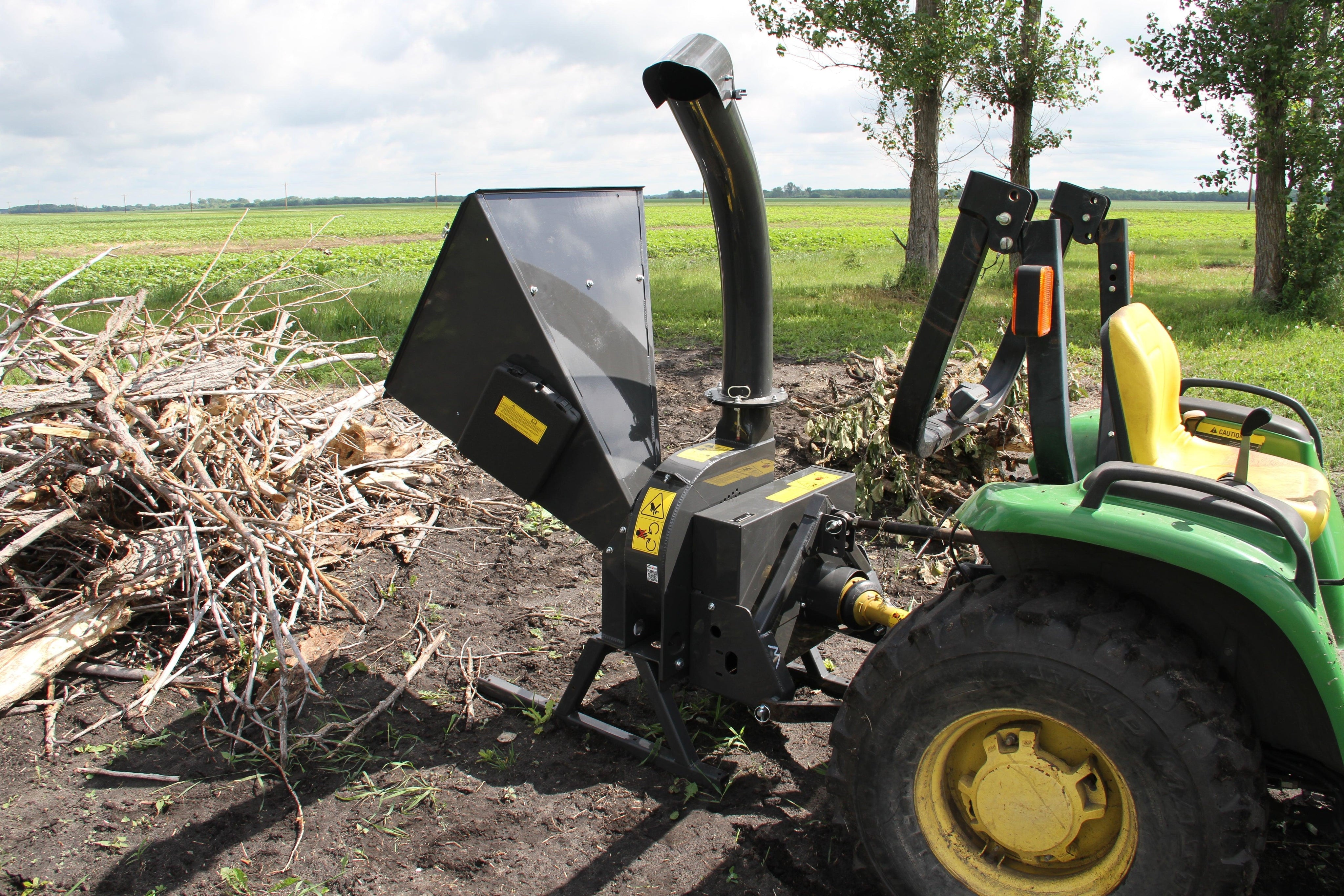 Quick Attach PTO Tractor Wood Chipper 920249 / 920250 | 5 & 9-Inch Capacity, 360° Discharge, CAT 1 Hitch - Log Bear Works