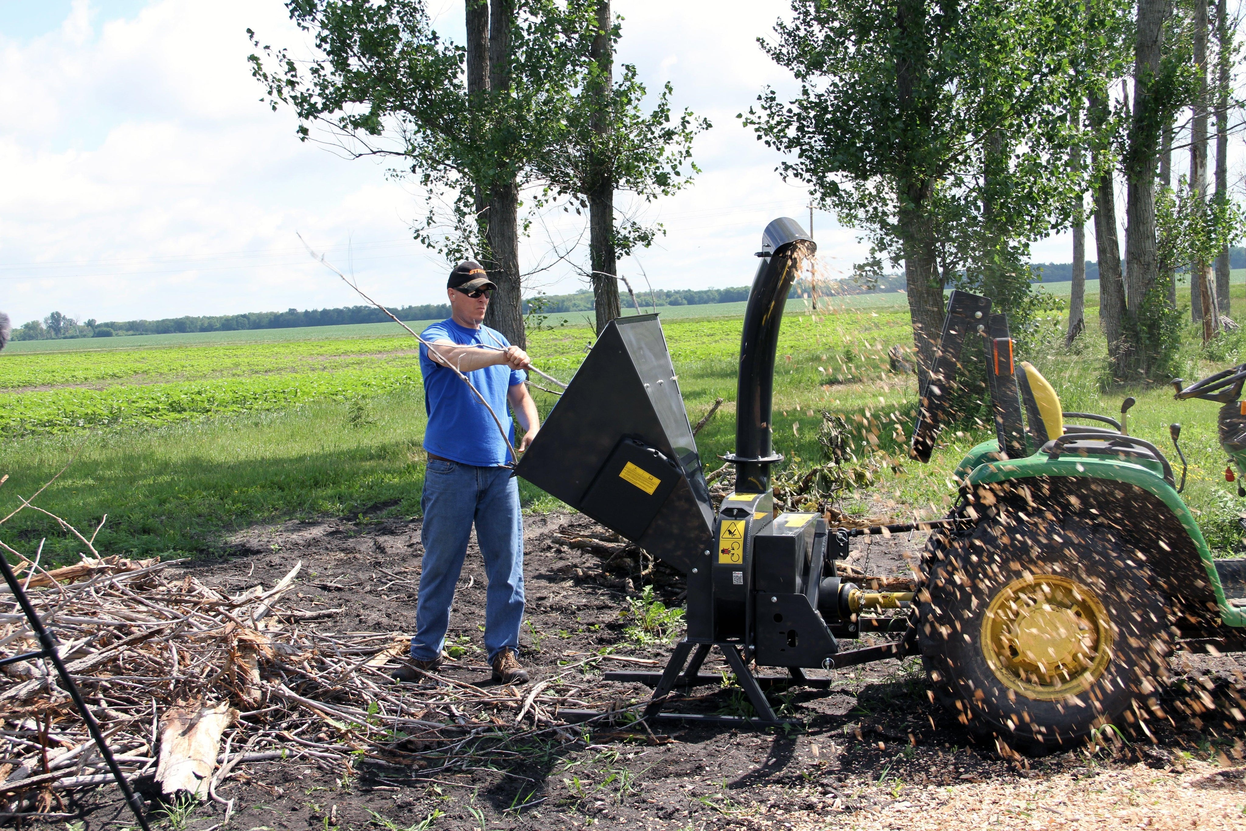 Quick Attach PTO Tractor Wood Chipper 920249 / 920250 | 5 & 9-Inch Capacity, 360° Discharge, CAT 1 Hitch - Log Bear Works