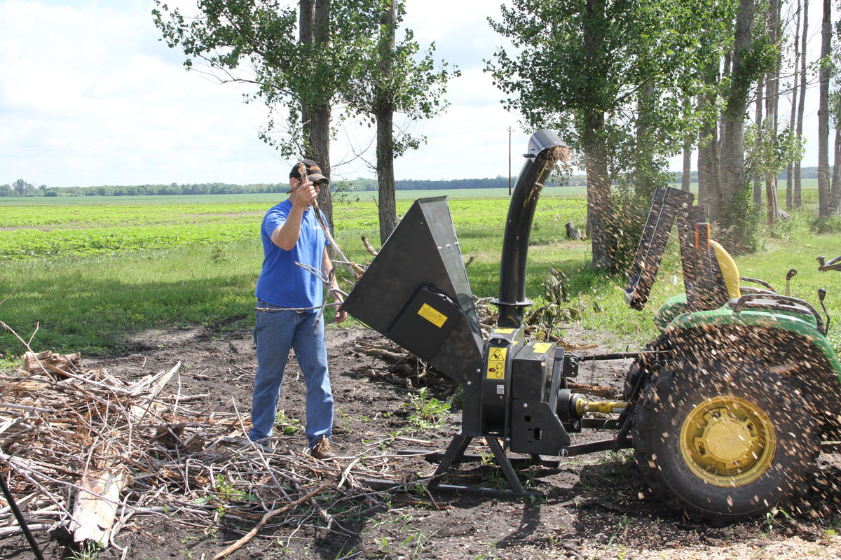 Quick Attach PTO Tractor Wood Chipper 920249 / 920250 | 5 & 9-Inch Capacity, 360° Discharge, CAT 1 Hitch - Log Bear Works