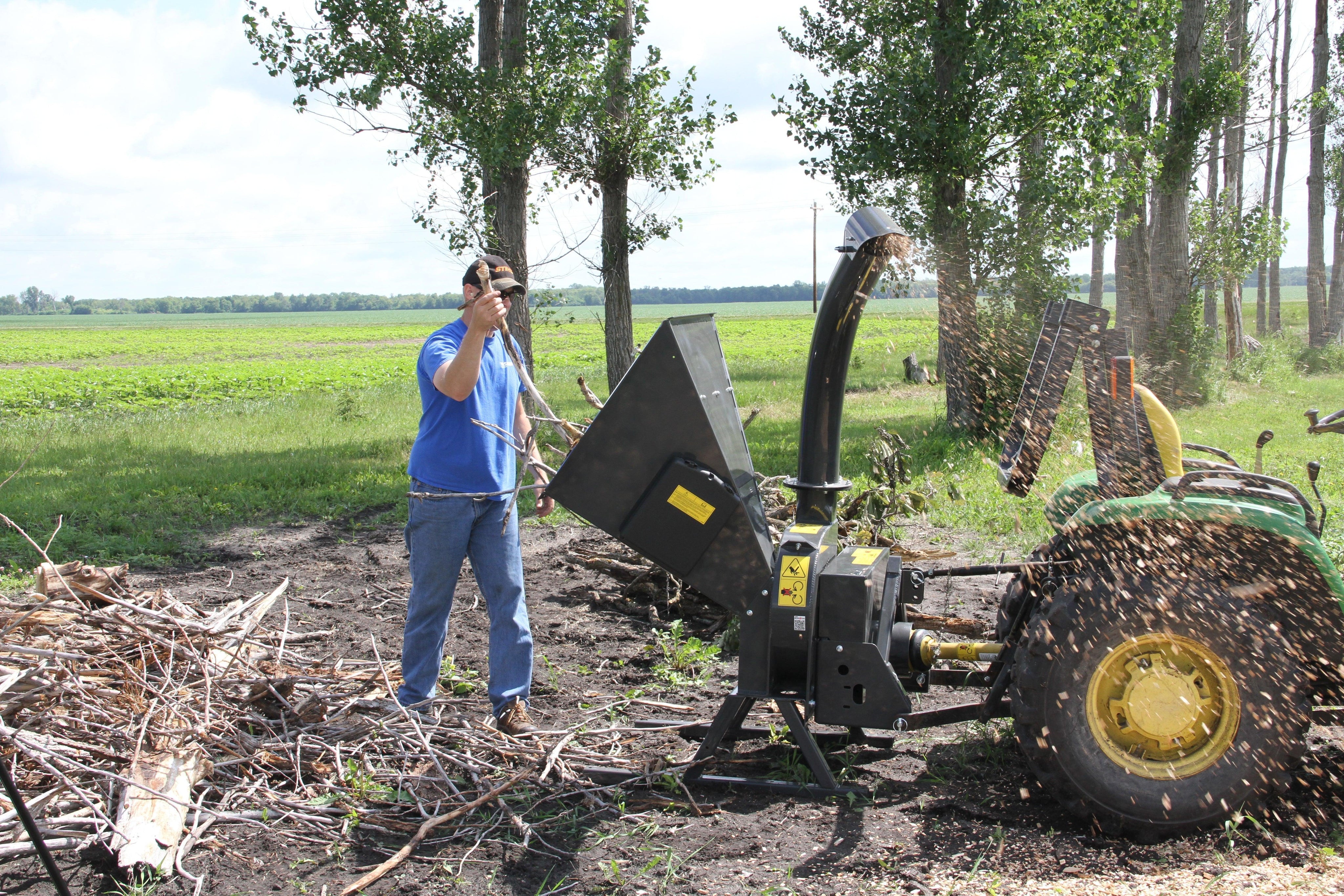 Quick Attach PTO Tractor Wood Chipper 920249 / 920250 | 5 & 9-Inch Capacity, 360° Discharge, CAT 1 Hitch - Log Bear Works