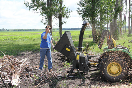 Quick Attach PTO Tractor Wood Chipper 920249 / 920250 | 5 & 9-Inch Capacity, 360° Discharge, CAT 1 Hitch - Log Bear Works