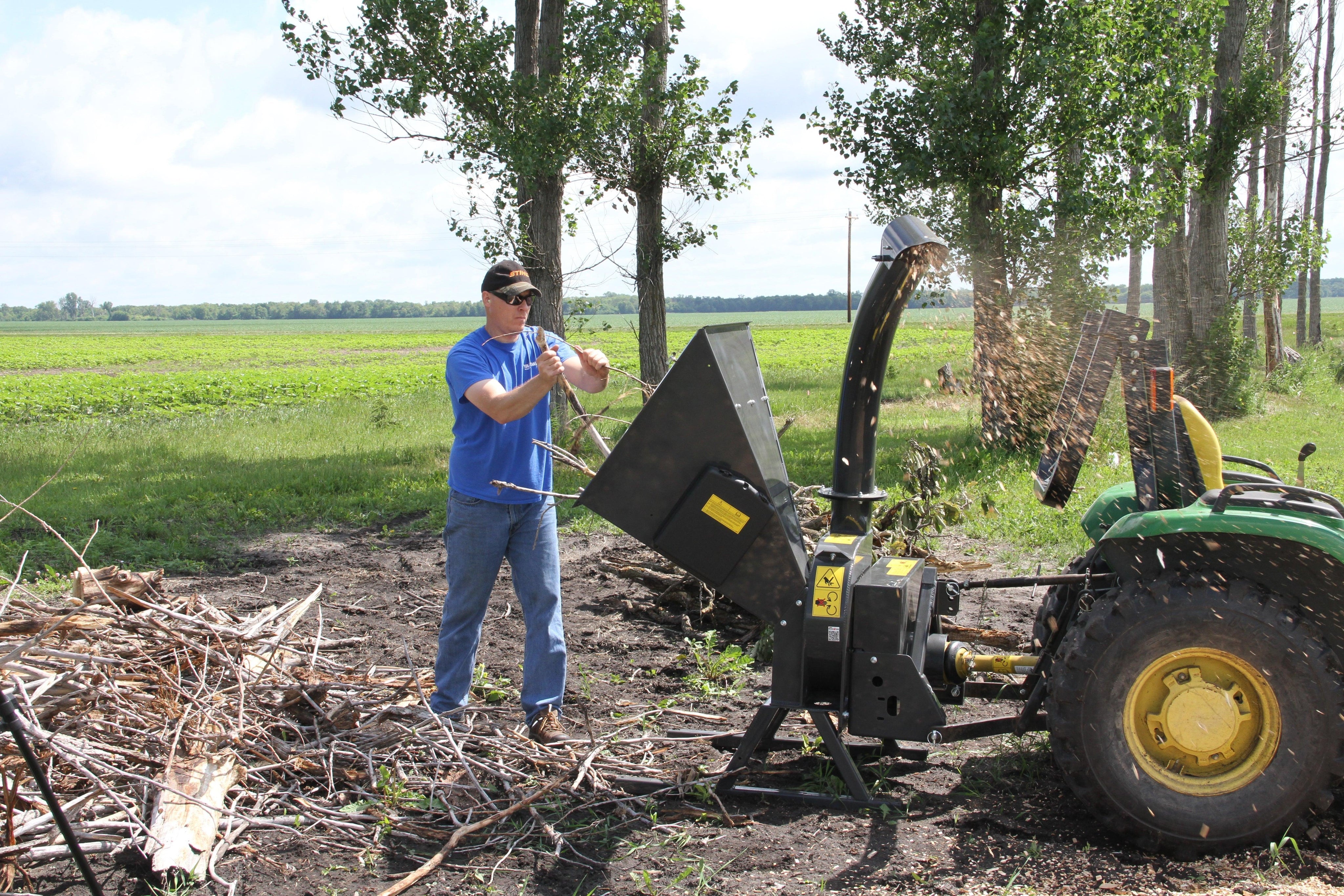 Quick Attach PTO Tractor Wood Chipper 920249 / 920250 | 5 & 9-Inch Capacity, 360° Discharge, CAT 1 Hitch - Log Bear Works