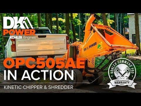 DK2 OPC505AE Towable Brush & Wood Chipper Shredder | 14HP Kohler Electric Start, 5.25-Inch Capacity, Hydraulic Feed Roller - Log Bear Works
