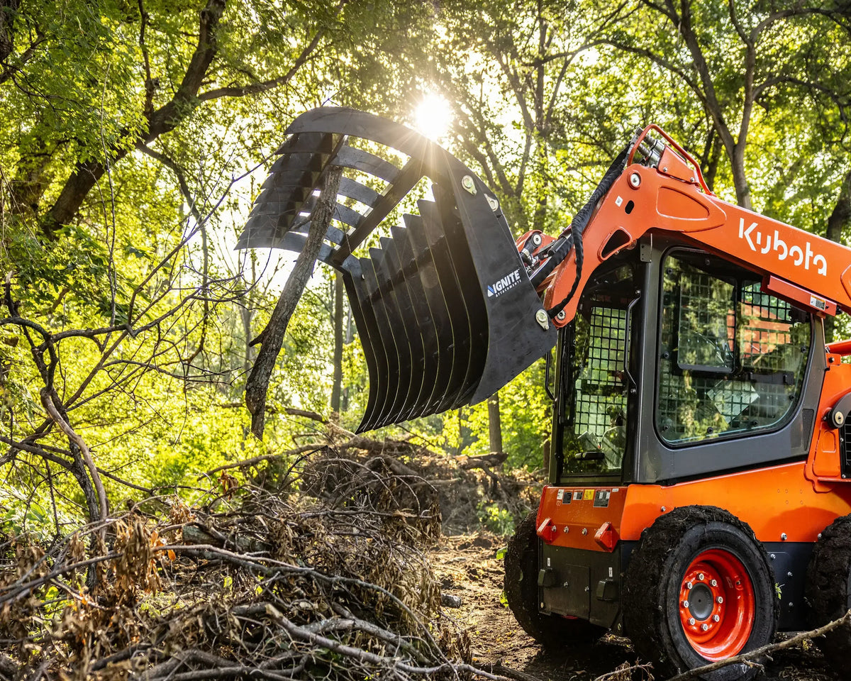 Ignite Attachments 84-Inch Rake Grapple | Maximum Coverage Skid Steer Attachment for Land Clearing & Debris Loading - Log Bear Works