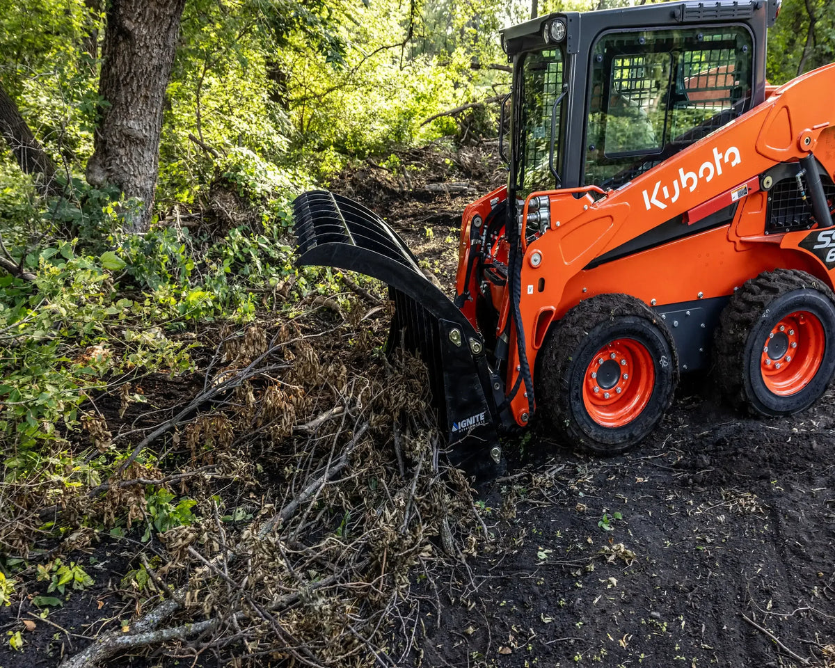 Ignite Attachments 84-Inch Rake Grapple | Maximum Coverage Skid Steer Attachment for Land Clearing & Debris Loading - Log Bear Works