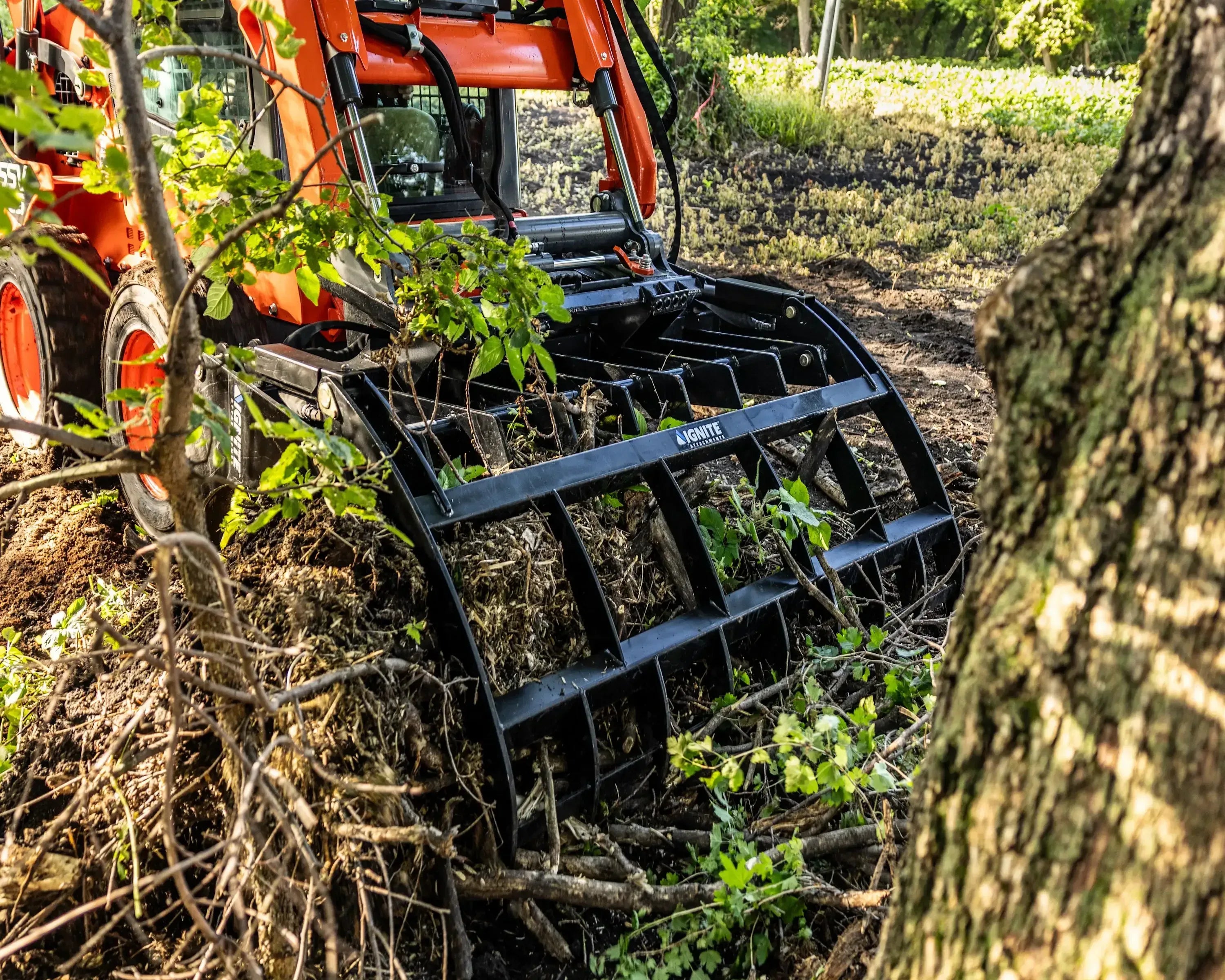 Ignite Attachments 84-Inch Rake Grapple | Maximum Coverage Skid Steer Attachment for Land Clearing & Debris Loading - Log Bear Works