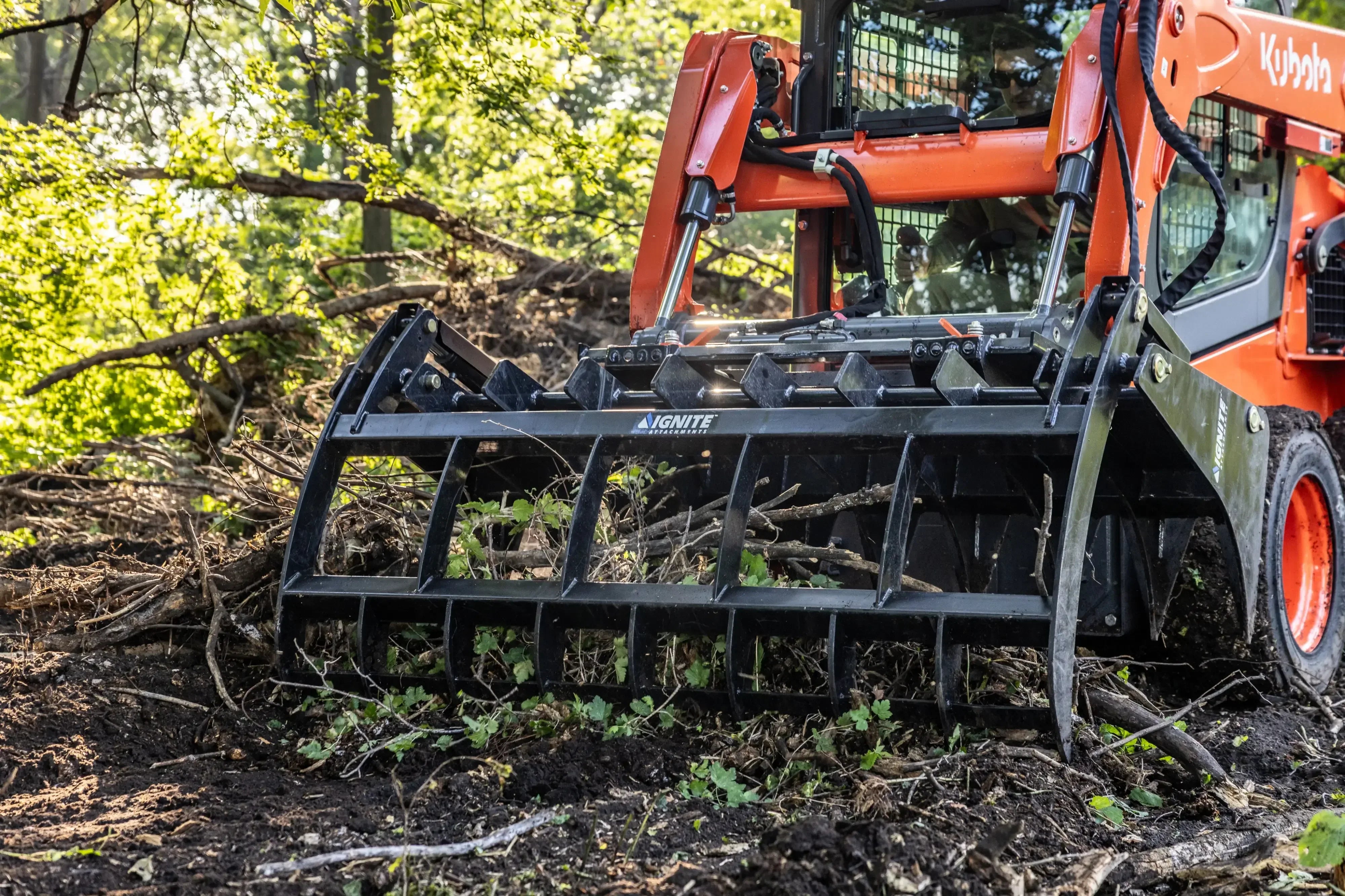 Ignite Attachments 66-Inch Rake Grapple | 2-in-1 Skid Steer Attachment for Land Clearing & Debris Loading - Log Bear Works