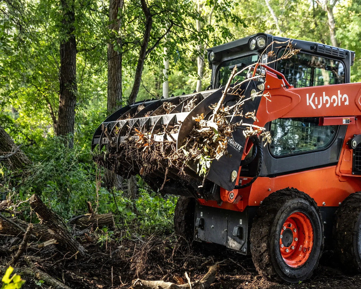 Ignite Attachments 84-Inch Rake Grapple | Maximum Coverage Skid Steer Attachment for Land Clearing & Debris Loading - Log Bear Works
