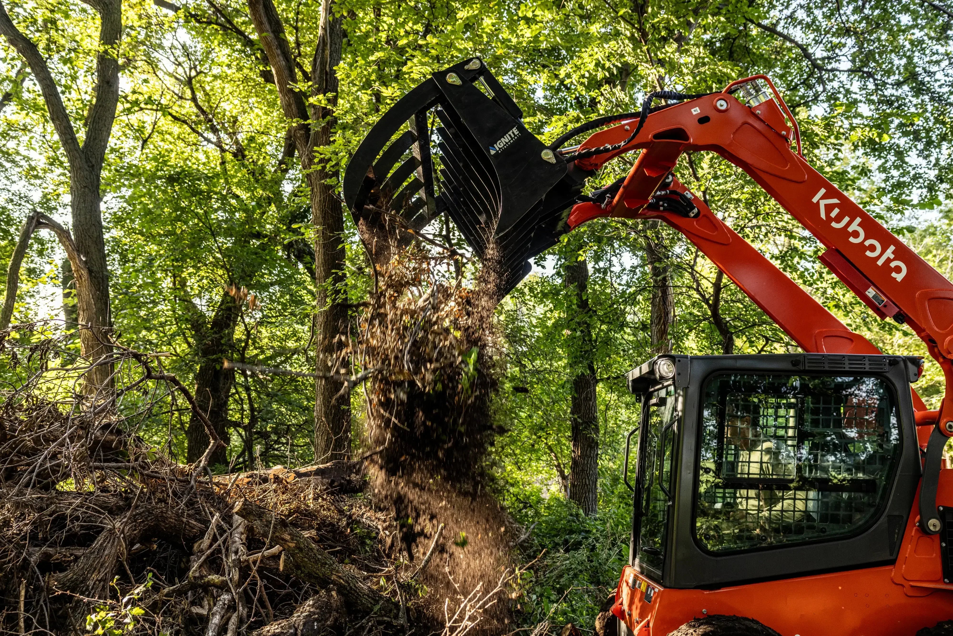 Ignite Attachments 66-Inch Rake Grapple | 2-in-1 Skid Steer Attachment for Land Clearing & Debris Loading - Log Bear Works
