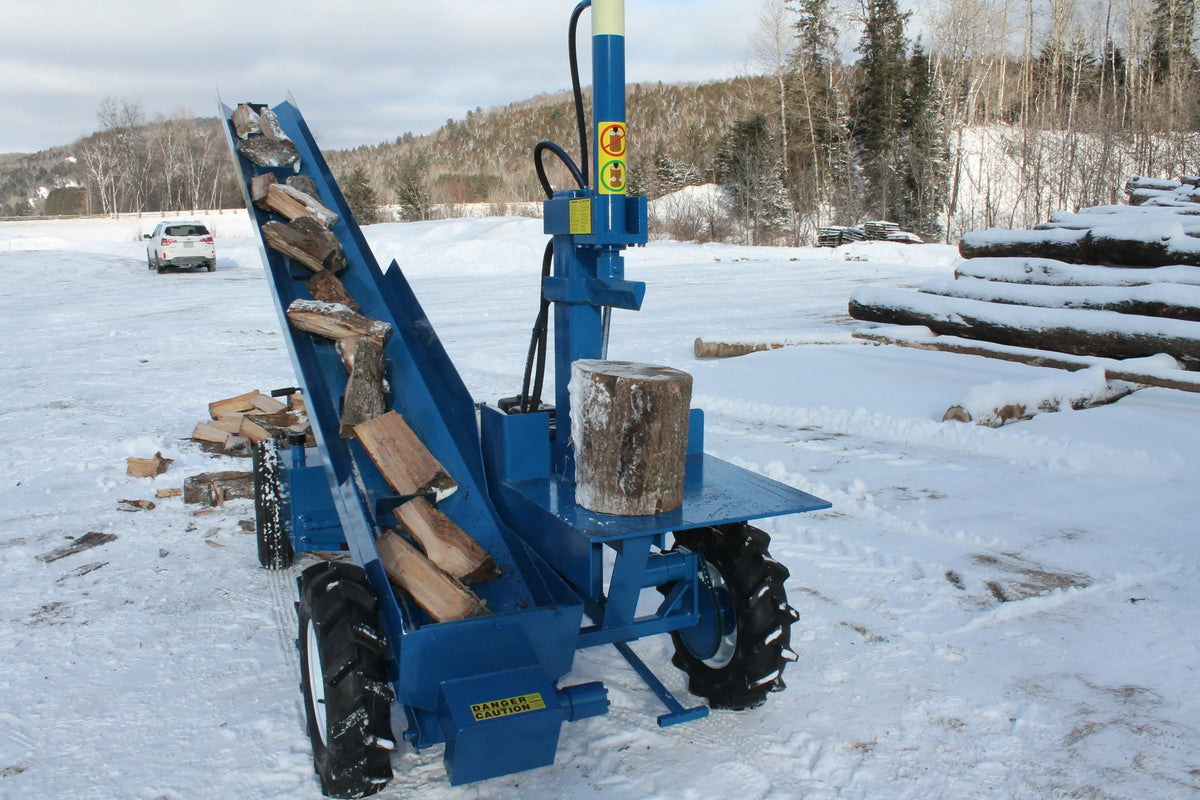 Powersplit International Single Vertical Log Splitter with Conveyor | 34-Ton Heavy Duty Model, 20HP Honda - Log Bear Works