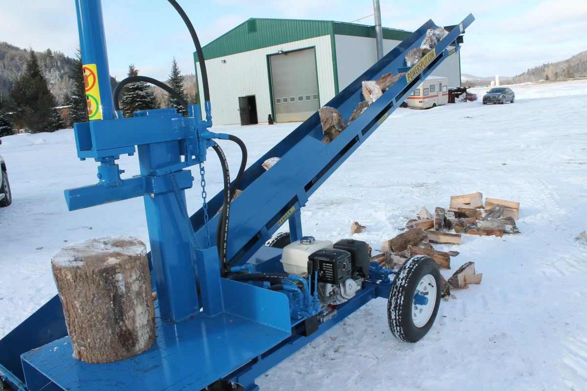 Powersplit International Single Vertical Log Splitter with Conveyor | 34-Ton Heavy Duty Model, 20HP Honda - Log Bear Works